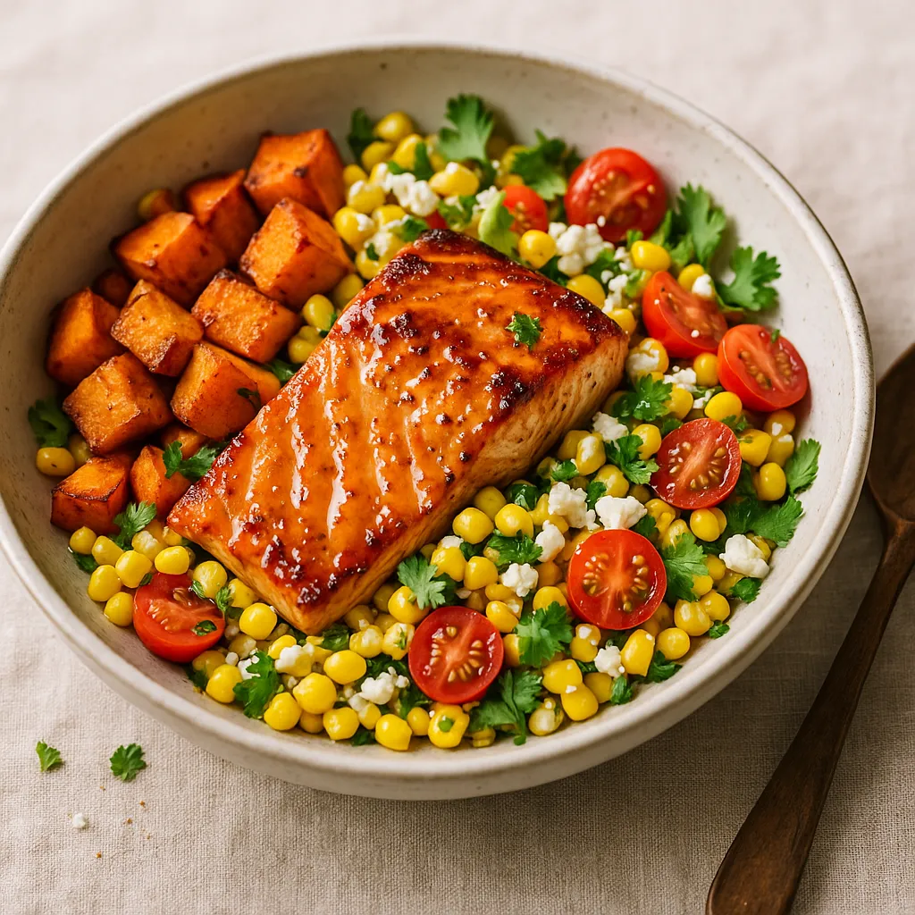 Salmon with Corn Salad and Sweet Potatoes